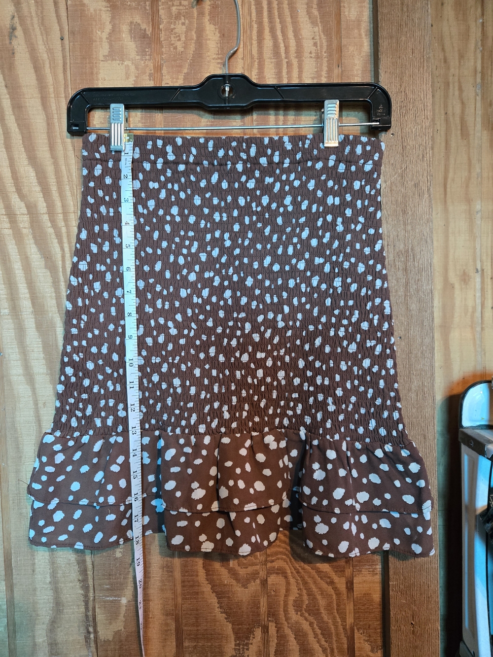 Brown Smocked Mini Skirt with White Spot Print